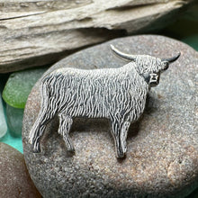 Load image into Gallery viewer, Highland Cow Brooch, Highland Coo, Scottish Pin, Anniversary Gift, Scotland Pin, Cow Lover Gift Cattle, Rancher, Silver Hairy Coo, Wife Gift