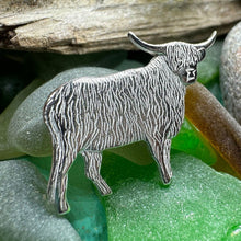 Load image into Gallery viewer, Highland Cow Brooch, Highland Coo, Scottish Pin, Anniversary Gift, Scotland Pin, Cow Lover Gift Cattle, Rancher, Silver Hairy Coo, Wife Gift