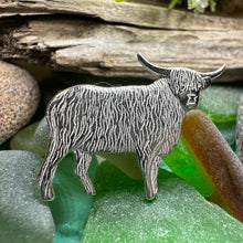 Load image into Gallery viewer, Highland Cow Brooch, Highland Coo, Scottish Pin, Anniversary Gift, Scotland Pin, Cow Lover Gift Cattle, Rancher, Silver Hairy Coo, Wife Gift