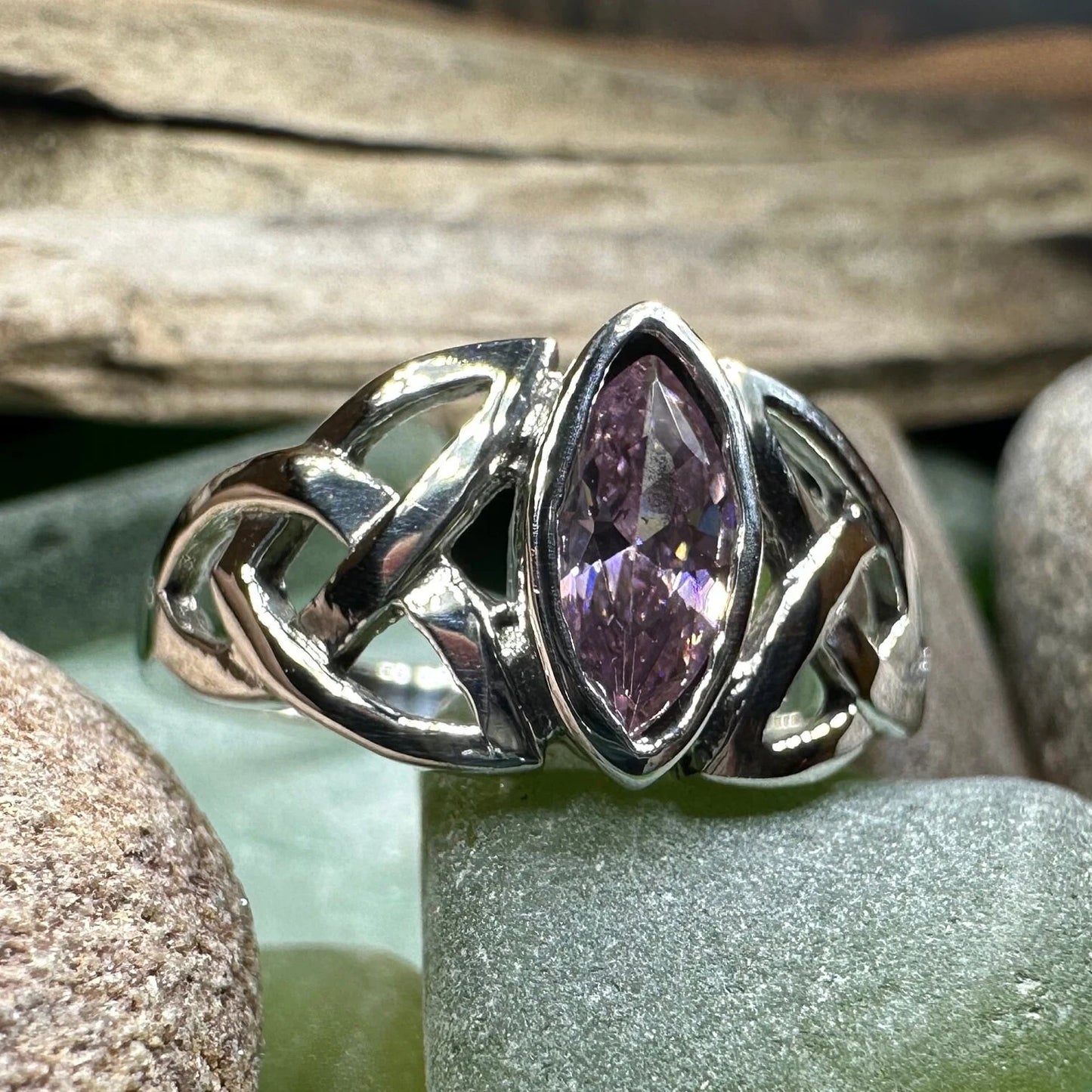 Pink Celtic Trinity Knot Ring in Sterling Silver — view 9
