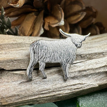 Load image into Gallery viewer, Highland Cow Brooch, Highland Coo, Scottish Pin, Anniversary Gift, Scotland Pin, Cow Lover Gift Cattle, Rancher, Silver Hairy Coo, Wife Gift