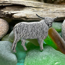 Load image into Gallery viewer, Highland Cow Brooch, Highland Coo, Scottish Pin, Anniversary Gift, Scotland Pin, Cow Lover Gift Cattle, Rancher, Silver Hairy Coo, Wife Gift