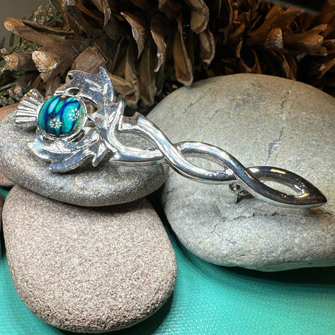 Load image into Gallery viewer, Thistle Kilt Pin, Scotland Jewelry, Nature Jewelry, Outlander Jewelry, Scottish Kilt Pin, Scotland Pin, Heathergems Pin, Pewter Celtic Pin