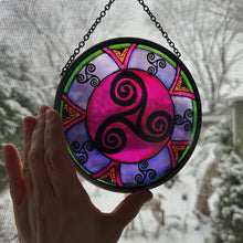 Load image into Gallery viewer, Celtic Spiral Wall Decor, Ireland Gift, Stained Glass Celtic Knot, New Home Gift, Irish Wedding Gift, Scottish Gift, Purple Celtic Swirls