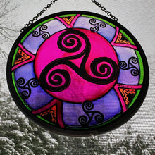 Load image into Gallery viewer, Celtic Spiral Wall Decor, Ireland Gift, Stained Glass Celtic Knot, New Home Gift, Irish Wedding Gift, Scottish Gift, Purple Celtic Swirls