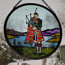Load image into Gallery viewer, Bagpiper Wall Decor, Scottish Gift, Stained Glass Bagpipes, New Home Gift, Scotland Wedding Gift, Celtic Gift, Highland Bagpiper Gift