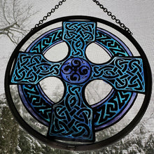 Load image into Gallery viewer, Celtic Cross Wall Decor, Ireland Gift, Stained Glass Celtic Knot, New Home Gift, Irish Wedding Gift, Scottish Gift, Blue Celtic Wall Cross