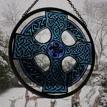 Load image into Gallery viewer, Celtic Cross Wall Decor, Ireland Gift, Stained Glass Celtic Knot, New Home Gift, Irish Wedding Gift, Scottish Gift, Blue Celtic Wall Cross