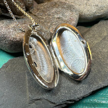 Load image into Gallery viewer, Flower Locket Necklace, Amethyst Pendant, Celtic Jewelry, Anniversary Gift, Bridal Jewelry, Keepsake Jewelry, Oval Locket Necklace, Mom Gift