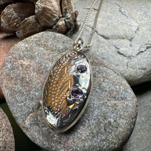 Load image into Gallery viewer, Flower Locket Necklace, Amethyst Pendant, Celtic Jewelry, Anniversary Gift, Bridal Jewelry, Keepsake Jewelry, Oval Locket Necklace, Mom Gift