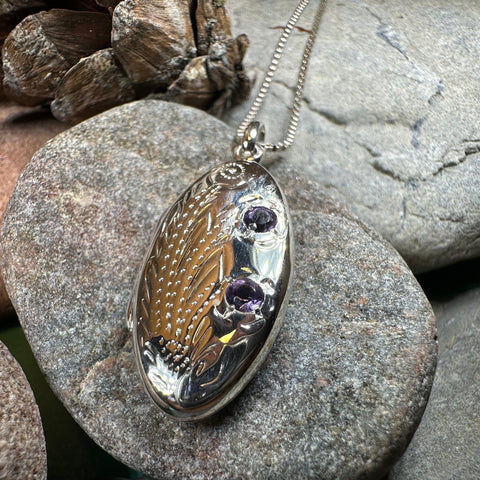Load image into Gallery viewer, Flower Locket Necklace, Amethyst Pendant, Celtic Jewelry, Anniversary Gift, Bridal Jewelry, Keepsake Jewelry, Oval Locket Necklace, Mom Gift