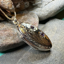 Load image into Gallery viewer, Flower Locket Necklace, Amethyst Pendant, Celtic Jewelry, Anniversary Gift, Bridal Jewelry, Keepsake Jewelry, Oval Locket Necklace, Mom Gift