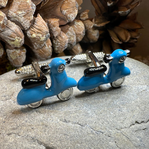 Load image into Gallery viewer, Vespa Cuff Links, Men's Jewelry, Italy Jewelry, Blue Cufflinks Gift, Groom Gift, Boyfriend Gift, Scooter Husband Gift, Unique Cuff Links