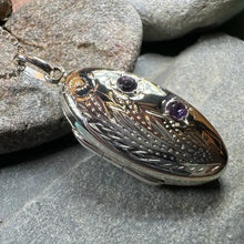 Load image into Gallery viewer, Flower Locket Necklace, Amethyst Pendant, Celtic Jewelry, Anniversary Gift, Bridal Jewelry, Keepsake Jewelry, Oval Locket Necklace, Mom Gift