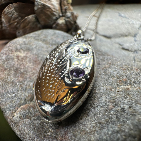 Load image into Gallery viewer, Flower Locket Necklace, Amethyst Pendant, Celtic Jewelry, Anniversary Gift, Bridal Jewelry, Keepsake Jewelry, Oval Locket Necklace, Mom Gift