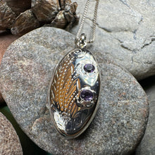 Load image into Gallery viewer, Flower Locket Necklace, Amethyst Pendant, Celtic Jewelry, Anniversary Gift, Bridal Jewelry, Keepsake Jewelry, Oval Locket Necklace, Mom Gift