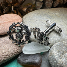 Load image into Gallery viewer, Thistle Cuff Links, Scotland Jewelry, Men's Celtic Jewelry, Bagpiper Jewelry Gift, Groom Gift, Boyfriend Gift, Scottish Husband Gift
