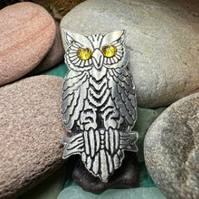 Load image into Gallery viewer, Owl Brooch, Nature Pin, Bird Jewelry, Bird Lover Gift, Wiccan Jewelry, Pagan Jewelry, Enamel Pin, Halloween Jewelry, Teacher Gift