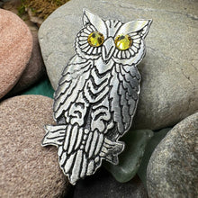 Load image into Gallery viewer, Owl Brooch, Nature Pin, Bird Jewelry, Bird Lover Gift, Wiccan Jewelry, Pagan Jewelry, Enamel Pin, Halloween Jewelry, Teacher Gift