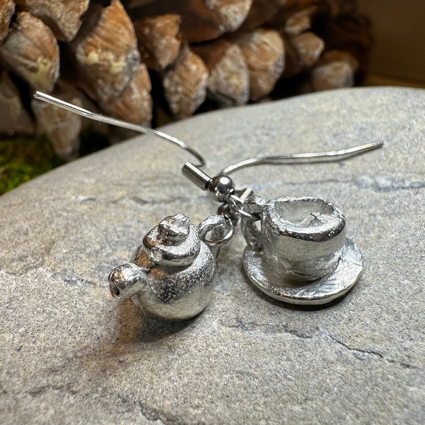 Teapot & Cup Earrings, Irish Jewelry, Tea Drinker Gift, Celtic Jewelry, Mom Gift, Wife Gift, Girlfriend Gift, Pewter Teacup Gift