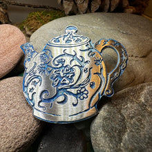 Load image into Gallery viewer, Teapot Brooch, Irish Jewelry, Tea Drinker Gift, Celtic Jewelry, Mom Gift, Wife Gift, Girlfriend Gift, Pewter Teacup Gift, Blue Ladies Pin