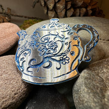 Load image into Gallery viewer, Teapot Brooch, Irish Jewelry, Tea Drinker Gift, Celtic Jewelry, Mom Gift, Wife Gift, Girlfriend Gift, Pewter Teacup Gift, Blue Ladies Pin