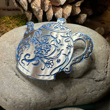 Load image into Gallery viewer, Teapot Brooch, Irish Jewelry, Tea Drinker Gift, Celtic Jewelry, Mom Gift, Wife Gift, Girlfriend Gift, Pewter Teacup Gift, Blue Ladies Pin