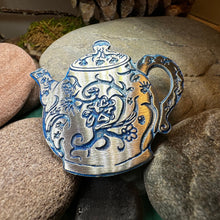 Load image into Gallery viewer, Teapot Brooch, Irish Jewelry, Tea Drinker Gift, Celtic Jewelry, Mom Gift, Wife Gift, Girlfriend Gift, Pewter Teacup Gift, Blue Ladies Pin