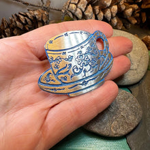 Load image into Gallery viewer, Teacup Brooch, Irish Jewelry, Tea Drinker Gift, Celtic Jewelry, Mom Gift, Wife Gift, Girlfriend Gift, Pewter Teacup Gift, Blue Ladies Pin