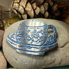 Load image into Gallery viewer, Teacup Brooch, Irish Jewelry, Tea Drinker Gift, Celtic Jewelry, Mom Gift, Wife Gift, Girlfriend Gift, Pewter Teacup Gift, Blue Ladies Pin