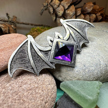 Load image into Gallery viewer, Gothic Bat Brooch, Celtic Pin, Pewter Bat Pin, Victorian Brooch, Friendship Gift, Halloween Gift, Witch Jewelry, Animal Brooch, EA Poe Gift