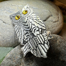 Load image into Gallery viewer, Owl Brooch, Nature Pin, Bird Jewelry, Bird Lover Gift, Wiccan Jewelry, Pagan Jewelry, Enamel Pin, Halloween Jewelry, Teacher Gift