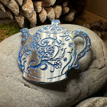 Load image into Gallery viewer, Teapot Brooch, Irish Jewelry, Tea Drinker Gift, Celtic Jewelry, Mom Gift, Wife Gift, Girlfriend Gift, Pewter Teacup Gift, Blue Ladies Pin