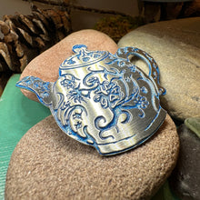 Load image into Gallery viewer, Teapot Brooch, Irish Jewelry, Tea Drinker Gift, Celtic Jewelry, Mom Gift, Wife Gift, Girlfriend Gift, Pewter Teacup Gift, Blue Ladies Pin