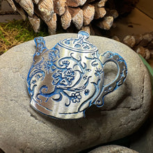 Load image into Gallery viewer, Teapot Brooch, Irish Jewelry, Tea Drinker Gift, Celtic Jewelry, Mom Gift, Wife Gift, Girlfriend Gift, Pewter Teacup Gift, Blue Ladies Pin