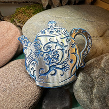 Load image into Gallery viewer, Teapot Brooch, Irish Jewelry, Tea Drinker Gift, Celtic Jewelry, Mom Gift, Wife Gift, Girlfriend Gift, Pewter Teacup Gift, Blue Ladies Pin