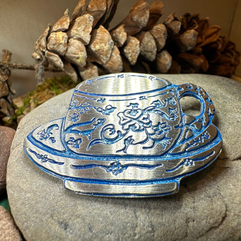 Load image into Gallery viewer, Teacup Brooch, Irish Jewelry, Tea Drinker Gift, Celtic Jewelry, Mom Gift, Wife Gift, Girlfriend Gift, Pewter Teacup Gift, Blue Ladies Pin