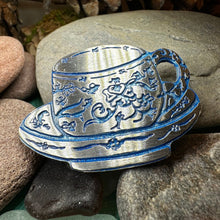 Load image into Gallery viewer, Teacup Brooch, Irish Jewelry, Tea Drinker Gift, Celtic Jewelry, Mom Gift, Wife Gift, Girlfriend Gift, Pewter Teacup Gift, Blue Ladies Pin