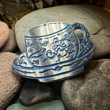 Load image into Gallery viewer, Teacup Brooch, Irish Jewelry, Tea Drinker Gift, Celtic Jewelry, Mom Gift, Wife Gift, Girlfriend Gift, Pewter Teacup Gift, Blue Ladies Pin