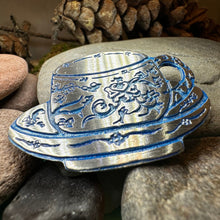 Load image into Gallery viewer, Teacup Brooch, Irish Jewelry, Tea Drinker Gift, Celtic Jewelry, Mom Gift, Wife Gift, Girlfriend Gift, Pewter Teacup Gift, Blue Ladies Pin
