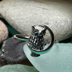 Owl Ring, Moon Jewelry, Silver Owl Jewelry, Nature Jewelry, Celtic Jewelry, Anniversary Gift, Wiccan Jewelry, Pagan Jewelry, Crescent Moon