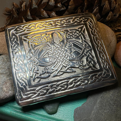 Load image into Gallery viewer, Celtic Kilt Belt Buckle, Scottish Belt Buckle, Pewter Buckle, Large Belt Buckle, Men's Celtic Gift, Irish Gift, Celtic Knot Buckle, Bagpiper