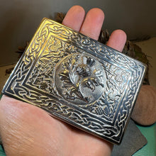 Load image into Gallery viewer, Celtic Kilt Belt Buckle, Scottish Belt Buckle, Pewter Thistle Buckle, Large Belt Buckle, Men's Celtic Gift, Celtic Knot Buckle, Bagpiper