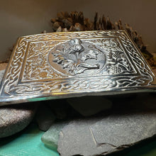 Load image into Gallery viewer, Celtic Kilt Belt Buckle, Scottish Belt Buckle, Pewter Thistle Buckle, Large Belt Buckle, Men's Celtic Gift, Celtic Knot Buckle, Bagpiper