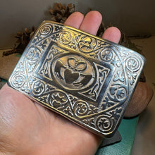 Load image into Gallery viewer, Celtic Kilt Belt Buckle, Irish Belt Buckle, Pewter Claddagh Buckle, Large Belt Buckle, Men's Celtic Gift, Celtic Knot Buckle, Bagpiper Gift