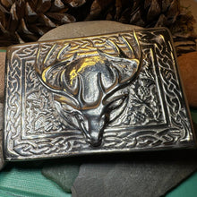 Load image into Gallery viewer, Celtic Kilt Belt Buckle, Scottish Belt Buckle, Pewter Stag Buckle, Large Belt Buckle, Men's Celtic Gift, Celtic Knot Buckle, Bagpiper