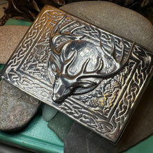 Load image into Gallery viewer, Celtic Kilt Belt Buckle, Scottish Belt Buckle, Pewter Stag Buckle, Large Belt Buckle, Men's Celtic Gift, Celtic Knot Buckle, Bagpiper