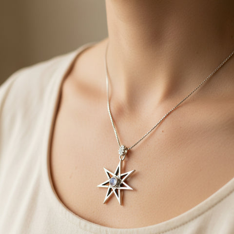 Load image into Gallery viewer, Elven Star Necklace, Seven Pointed Star Necklace, Celestial Pendant, Wiccan Jewelry, Moonstone Pendant, Pagan Jewelry, Oak Leaf, Mystical