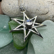 Load image into Gallery viewer, Elven Star Necklace, Seven Pointed Star Necklace, Celestial Pendant, Wiccan Jewelry, Moonstone Pendant, Pagan Jewelry, Oak Leaf, Mystical