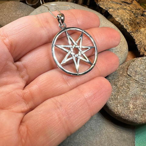 Load image into Gallery viewer, Elven Star Necklace, Seven Pointed Star Necklace, Celestial Pendant, Wiccan Jewelry, Witch Pendant, Pagan Jewelry, Oak Leaf, Mystical
